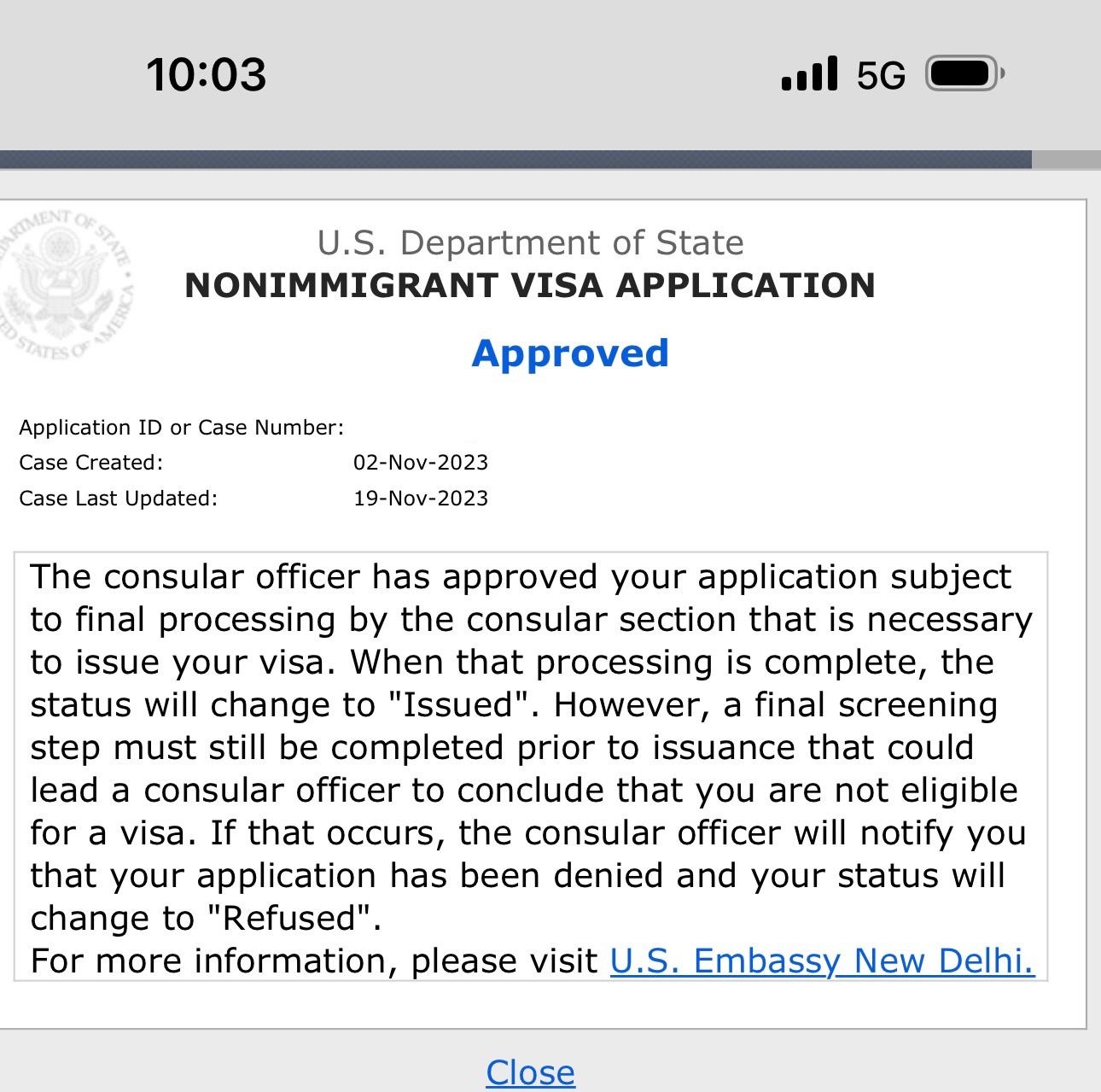 Nonimmigrant visa approval screenshot with the private case identifier removed